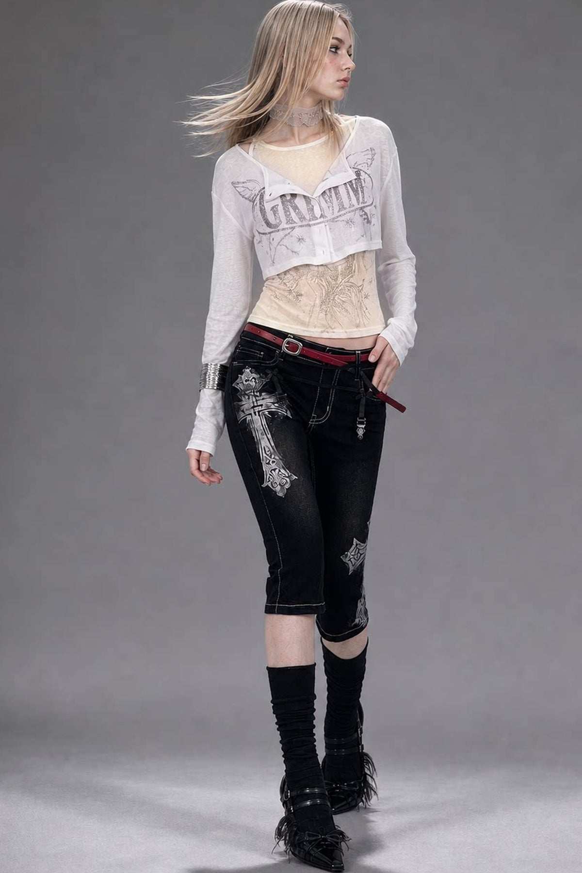 Silver Letter Print Long-Sleeve T-Shirt Set-Up