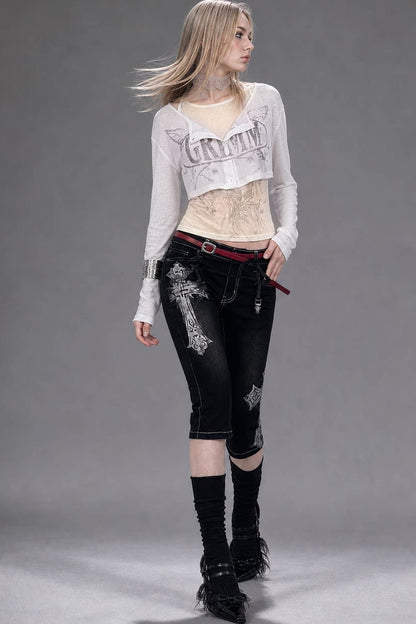 Silver Letter Print Long-Sleeve T-Shirt Set-Up