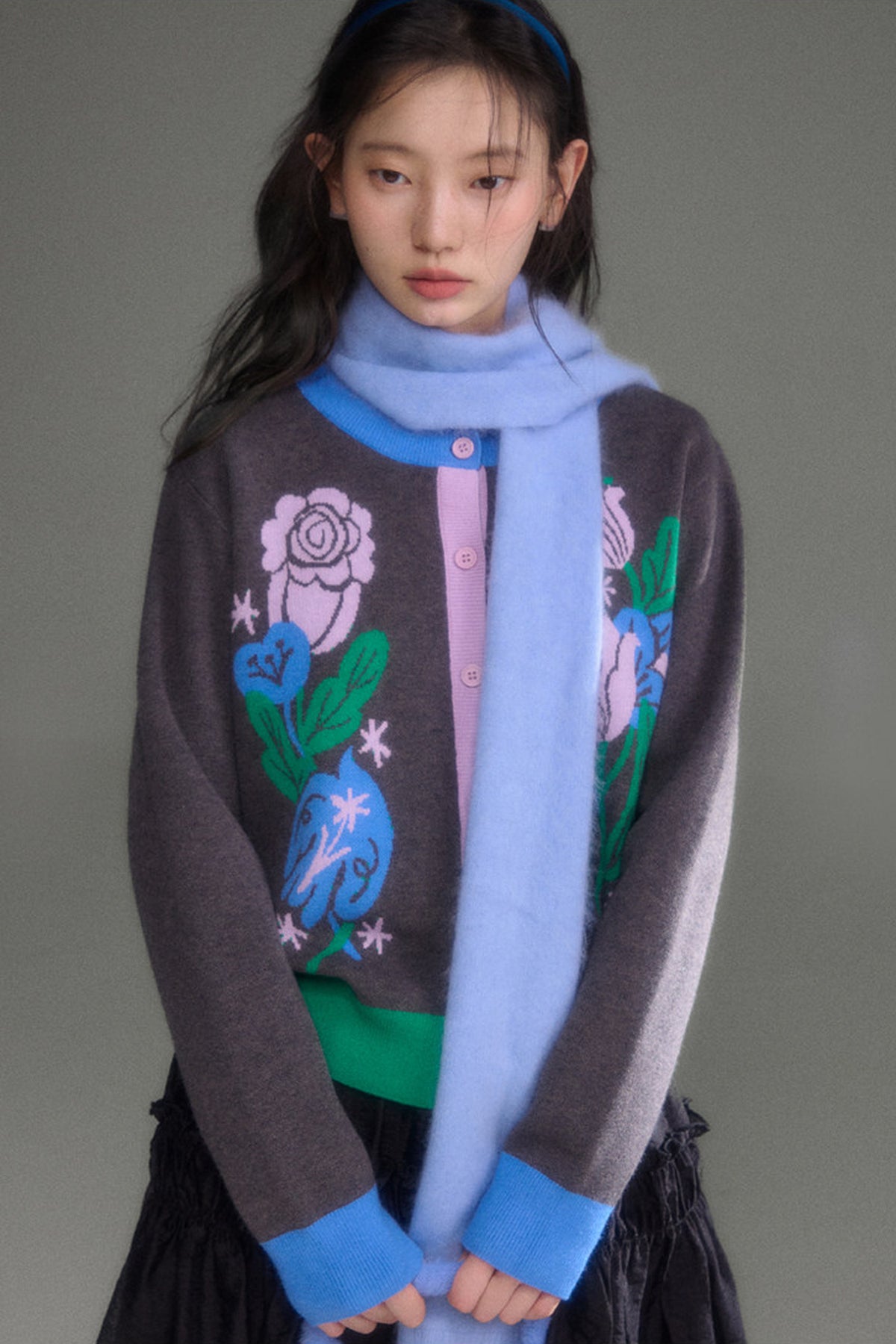 Nightingale Rose Bird Jacquard Knit Cardigan Vest and Skirt Set-Up