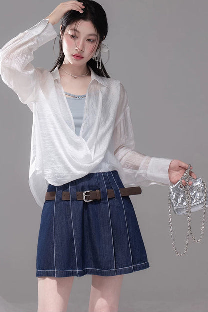 Night Blue Pleated Denim Skirt
