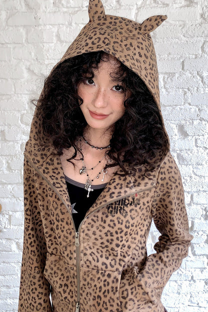 Leopard Rhinestone Hooded Cardigan Set-Up