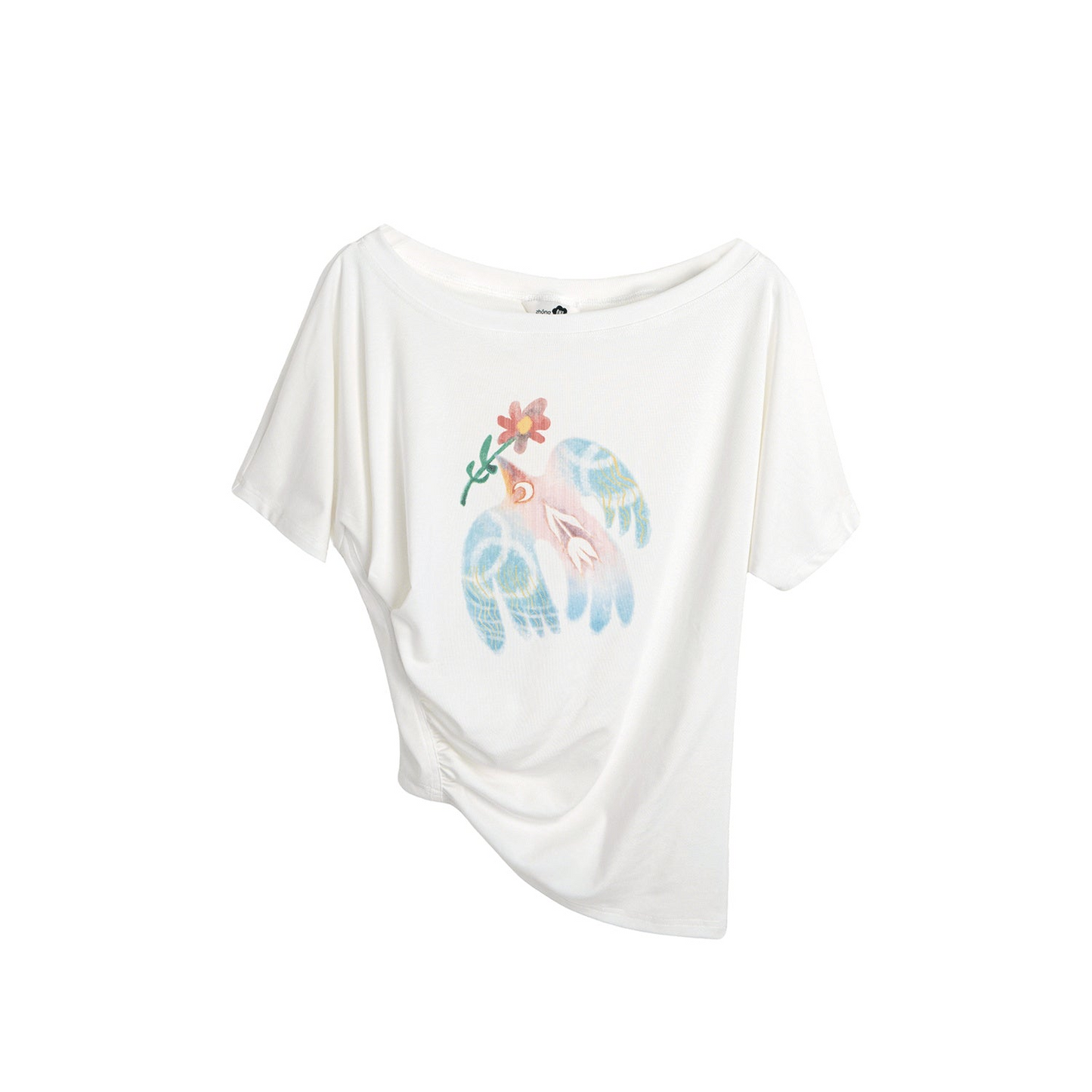 Mint Bird Print Off-Shoulder Ruched Top