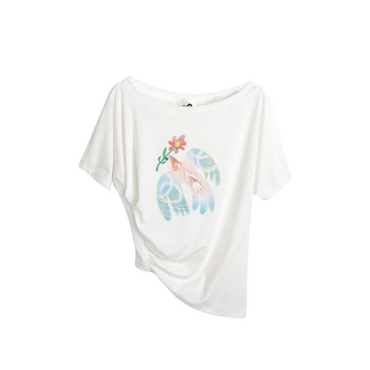 Mint Bird Print Off-Shoulder Ruched Top