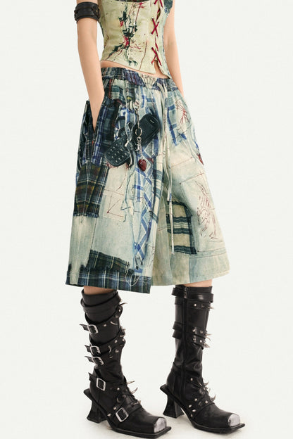 Patchwork Plaid Wide-Leg Pants
