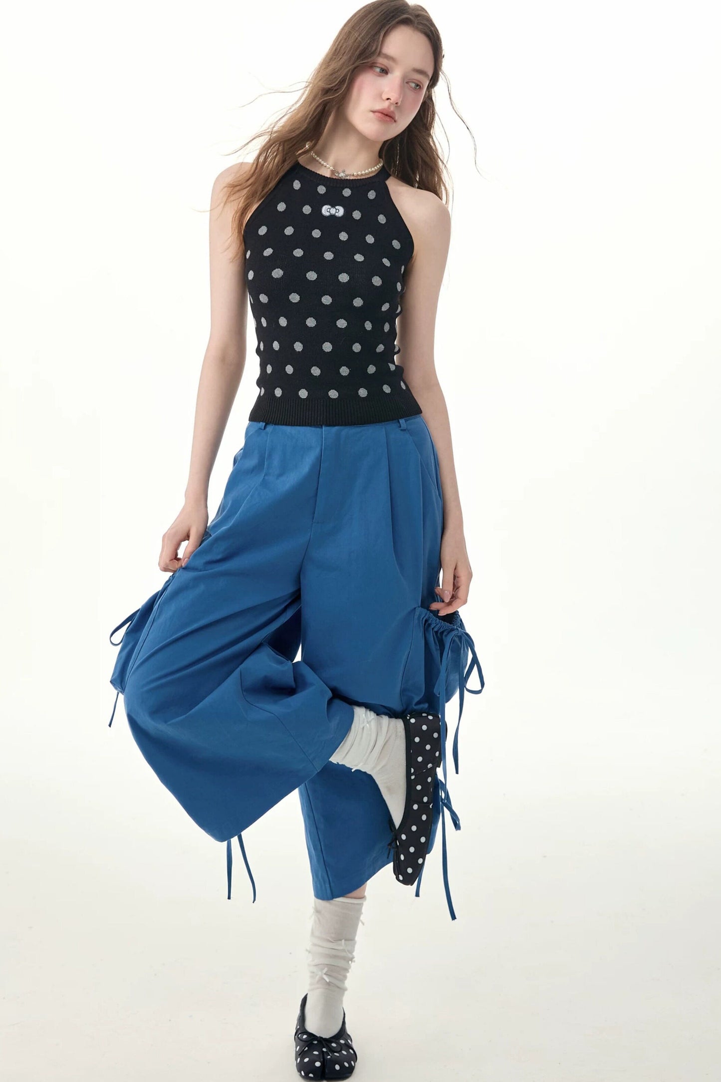 Blaue Ballon-Cargohose mit Kordelzug und weitem Bein