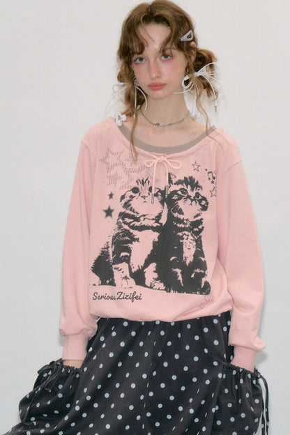 Rosa Sweatshirt mit Katzenprint und Bindeband