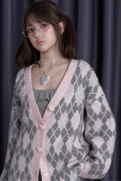 Ensemble cardigan en maille argyle rose et jupe