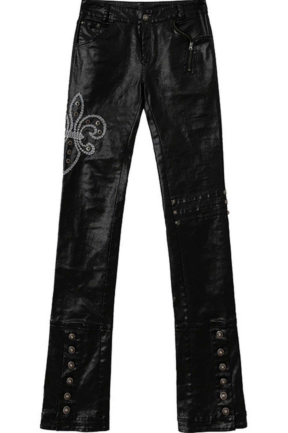 Punk Rock Embroidered Waxed Leather Pants