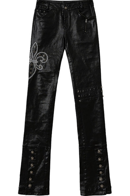 Punk Rock Embroidered Waxed Leather Pants