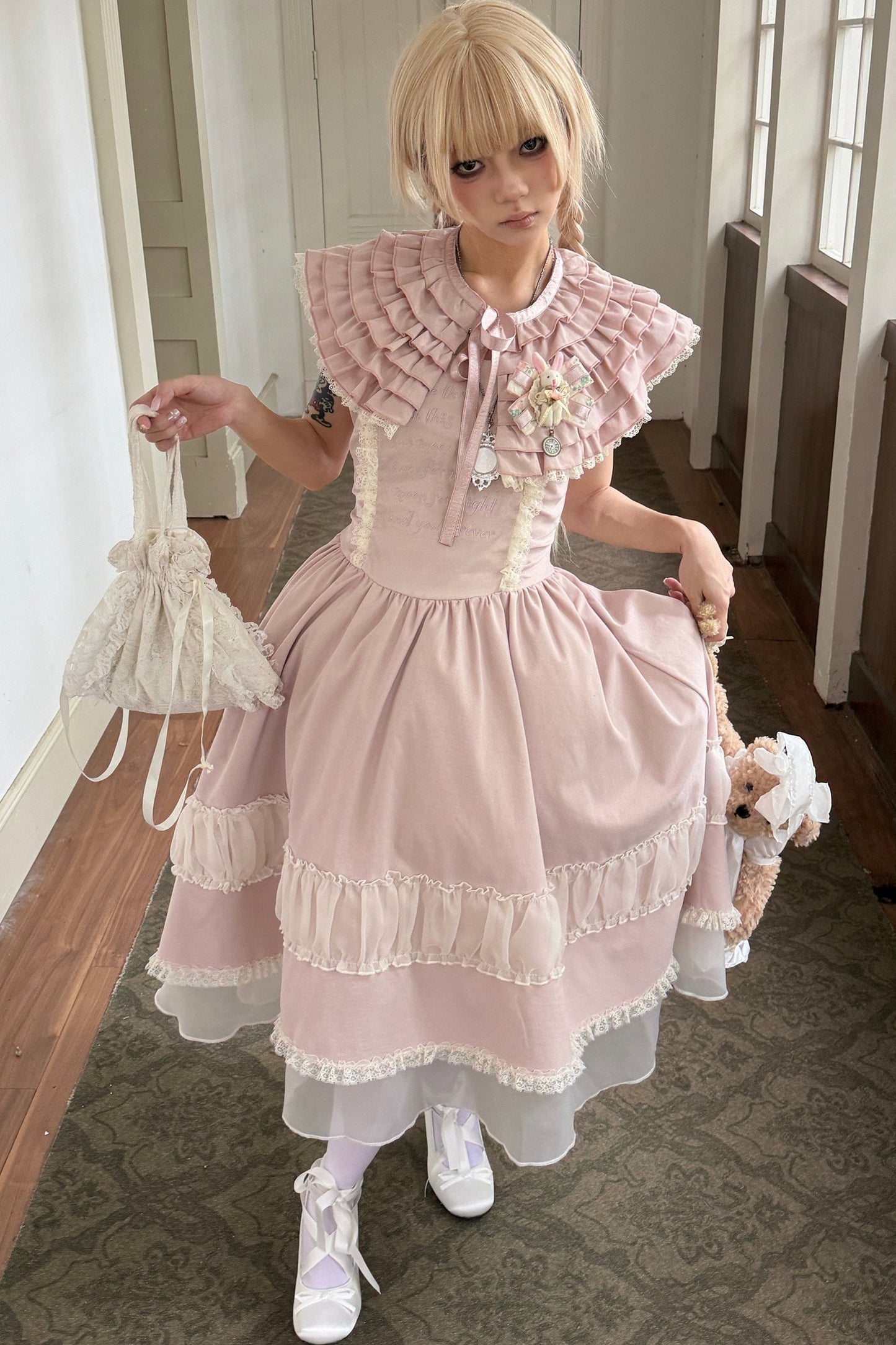 Pink Lace Embroidered Dress Set-Up