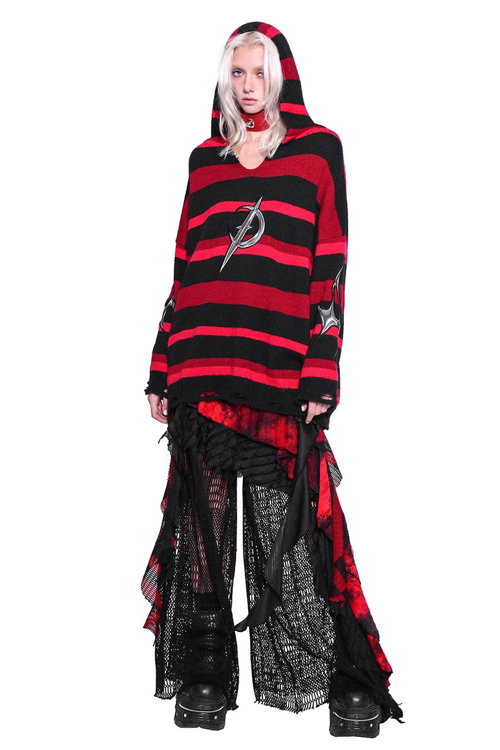 Red Black Striped Embroidered Hoodie