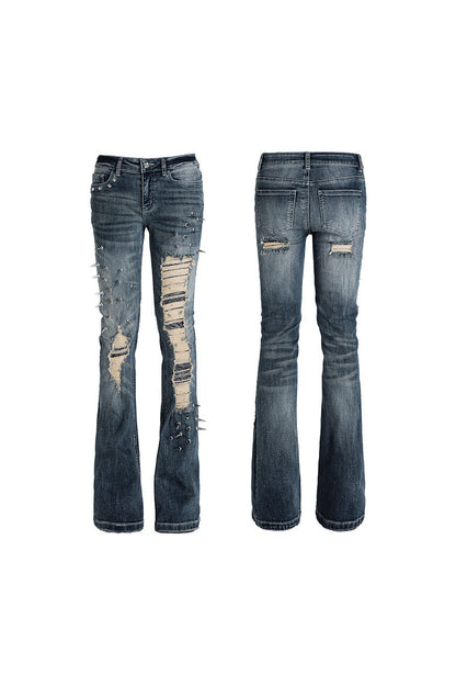 Spiked Snake Patch Flared Jeans