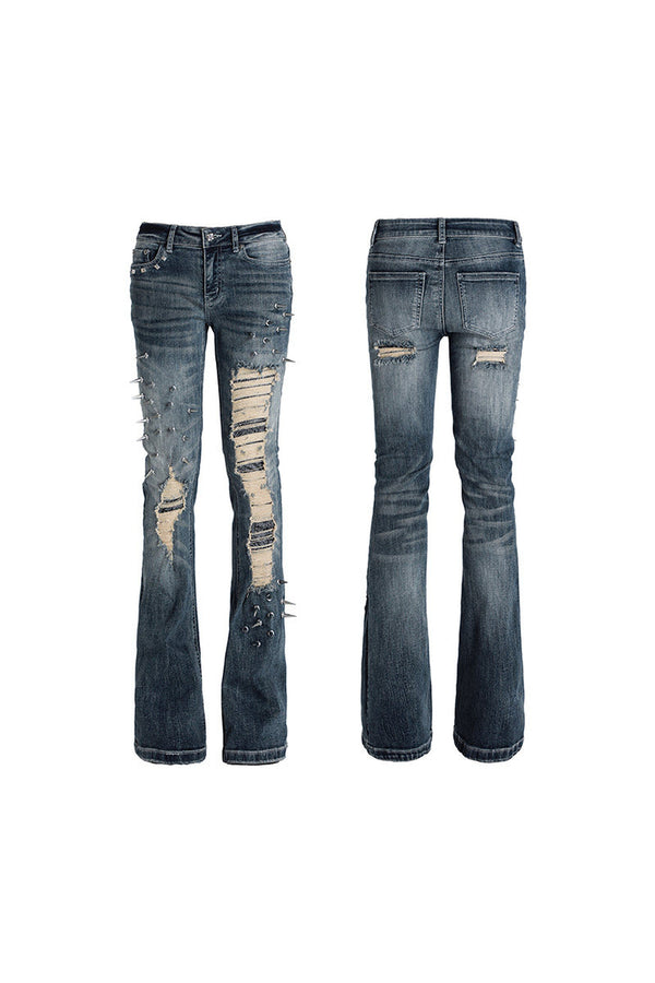Spiked Snake Patch Flared Jeans