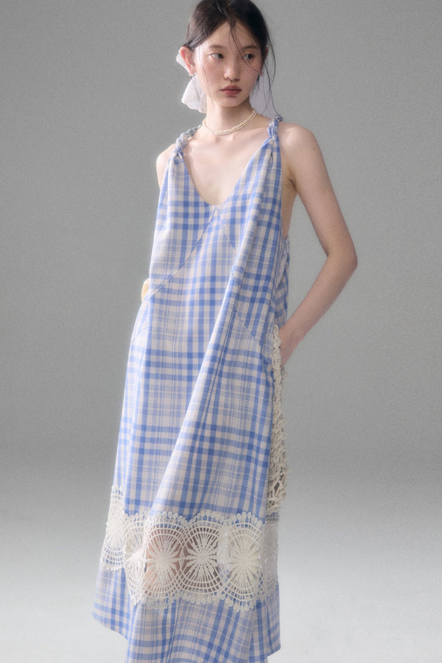 Blue White Plaid Lace Slip Dress