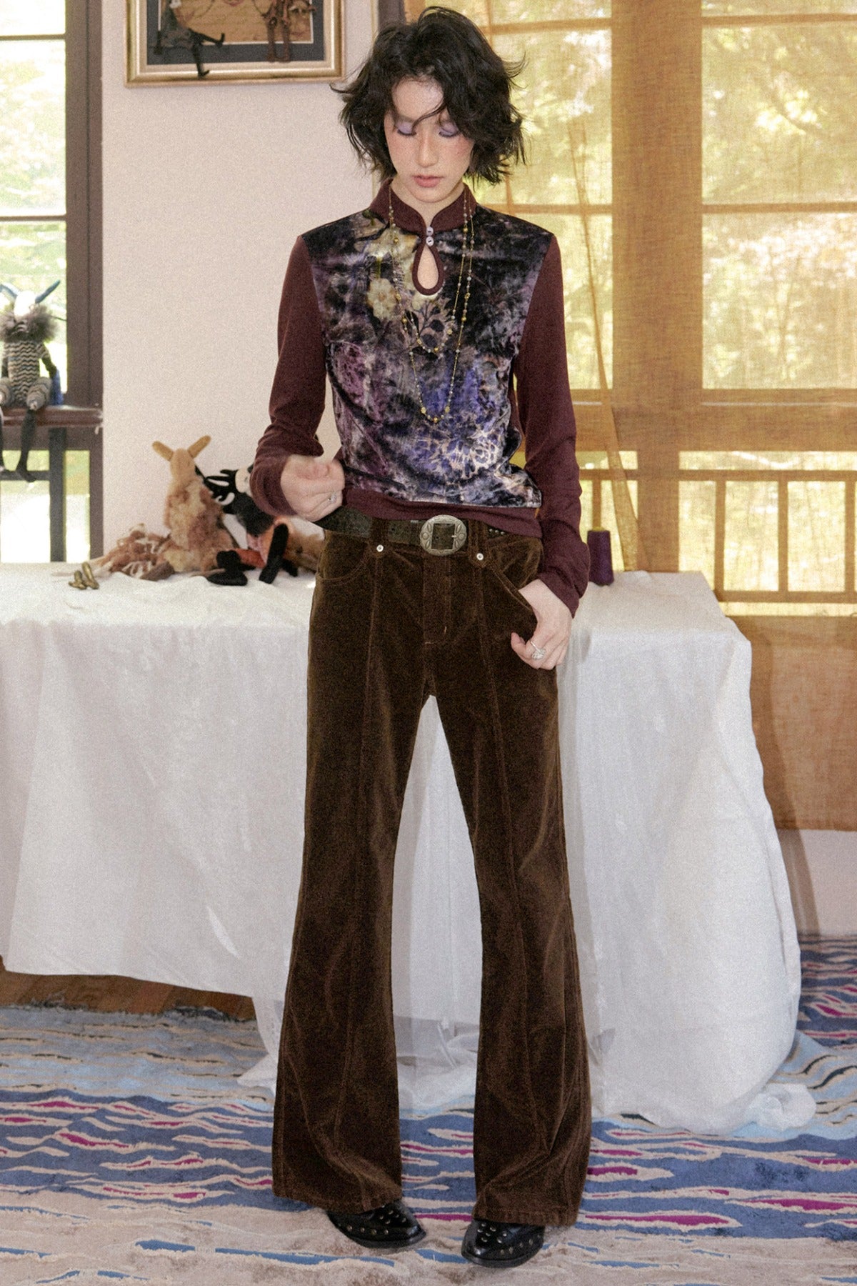 Brown Corduroy Micro-Flared Pants