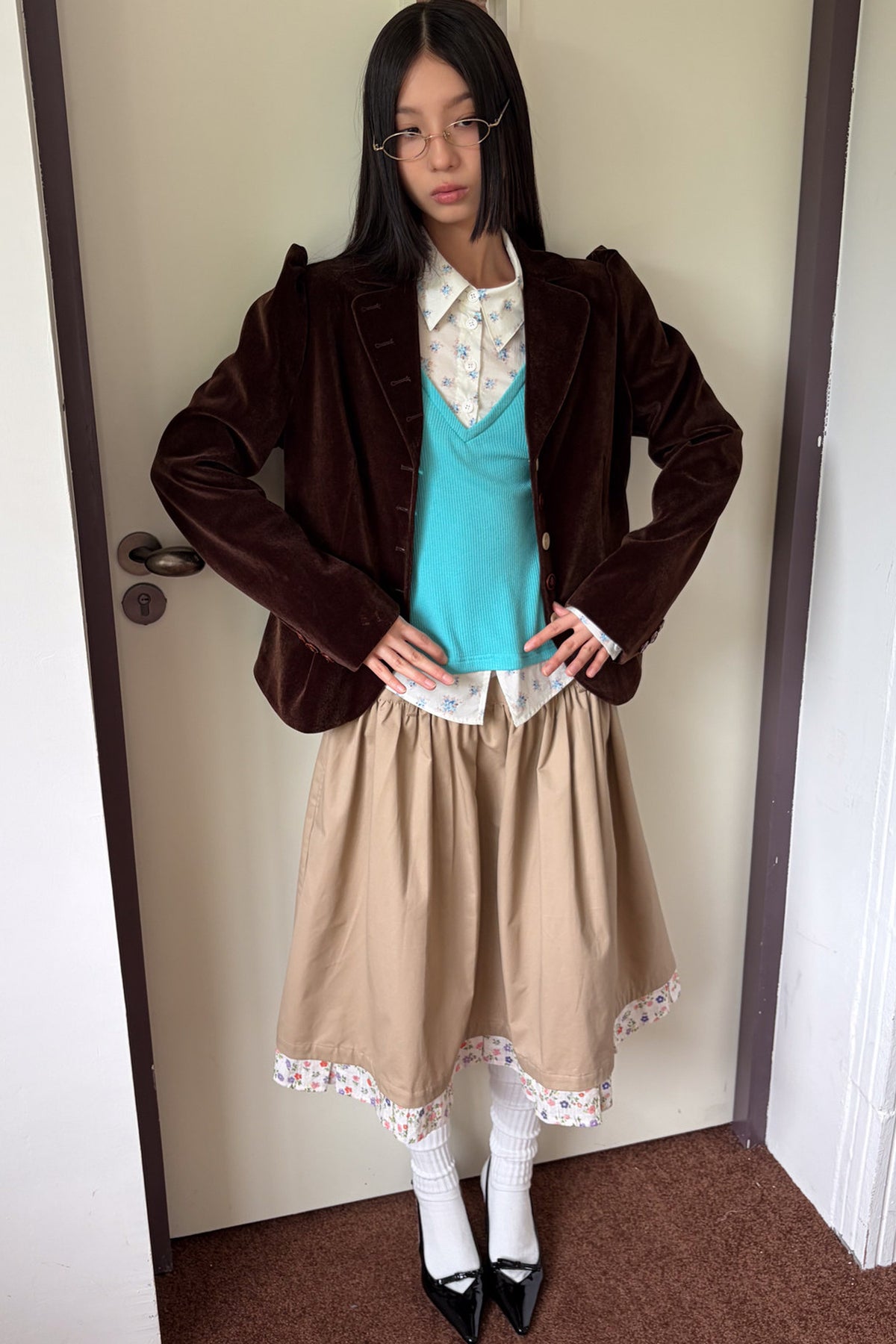 Brown Notch Lapel Puff Sleeve Blazer