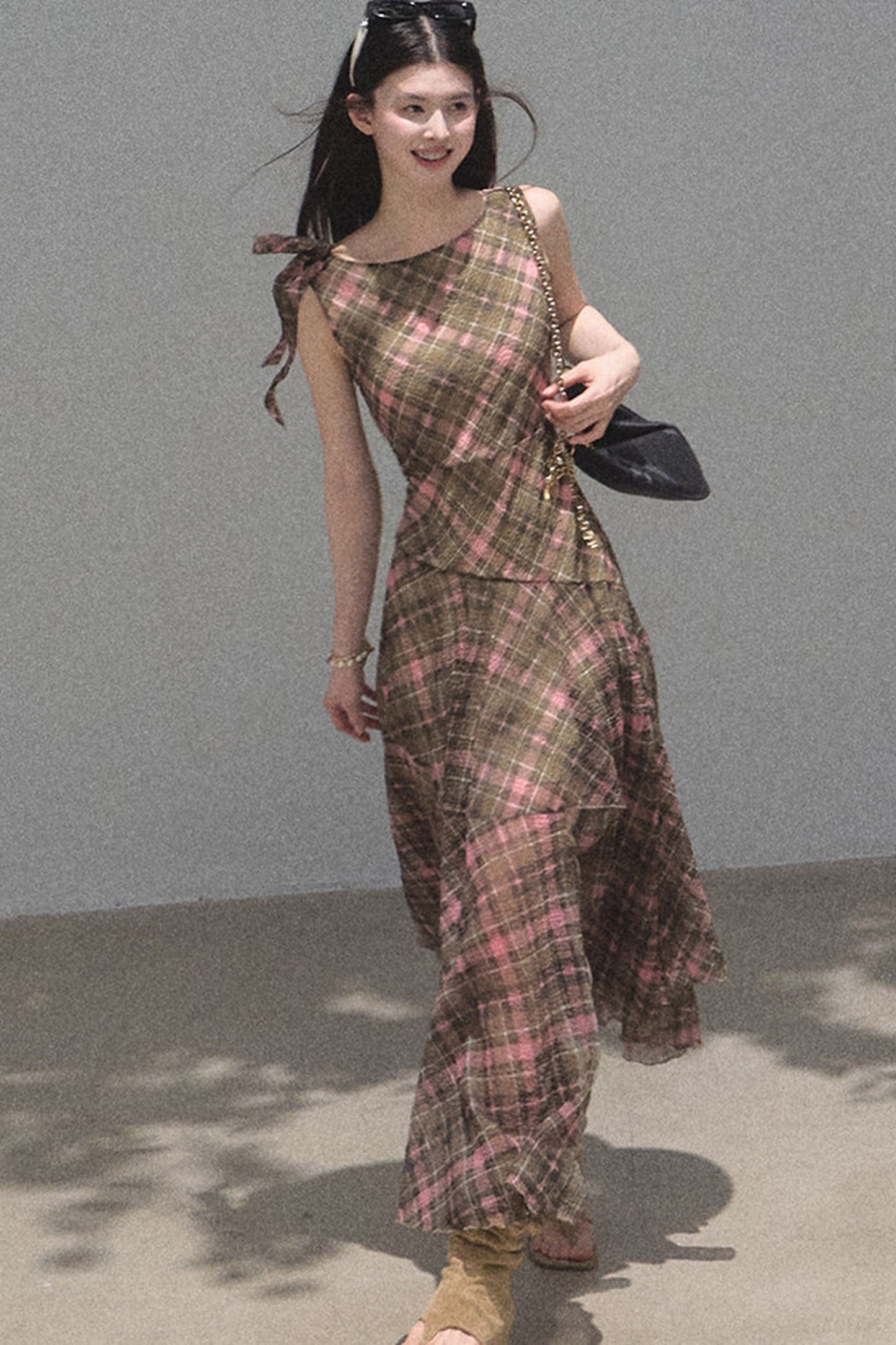 Off-Shoulder Plaid Irregular Tank Dress