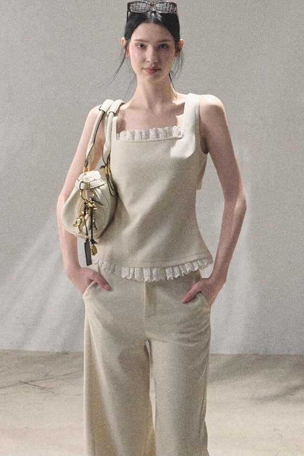 Linen Lace Patchwork Vest and Pants Set