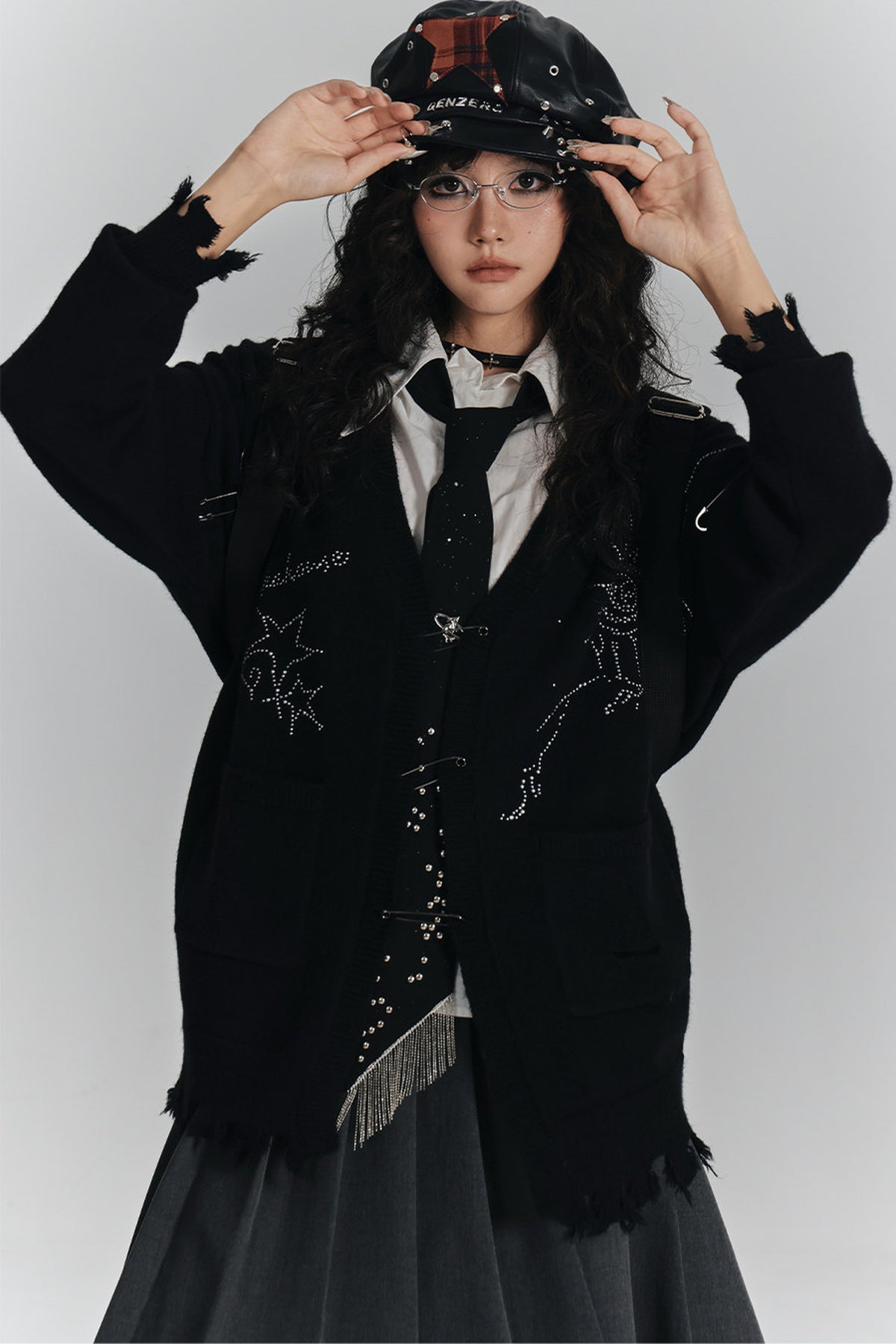 Irregular Ripped Pin V-Neck Knitted Cardigan
