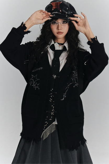 Irregular Ripped Pin V-Neck Knitted Cardigan