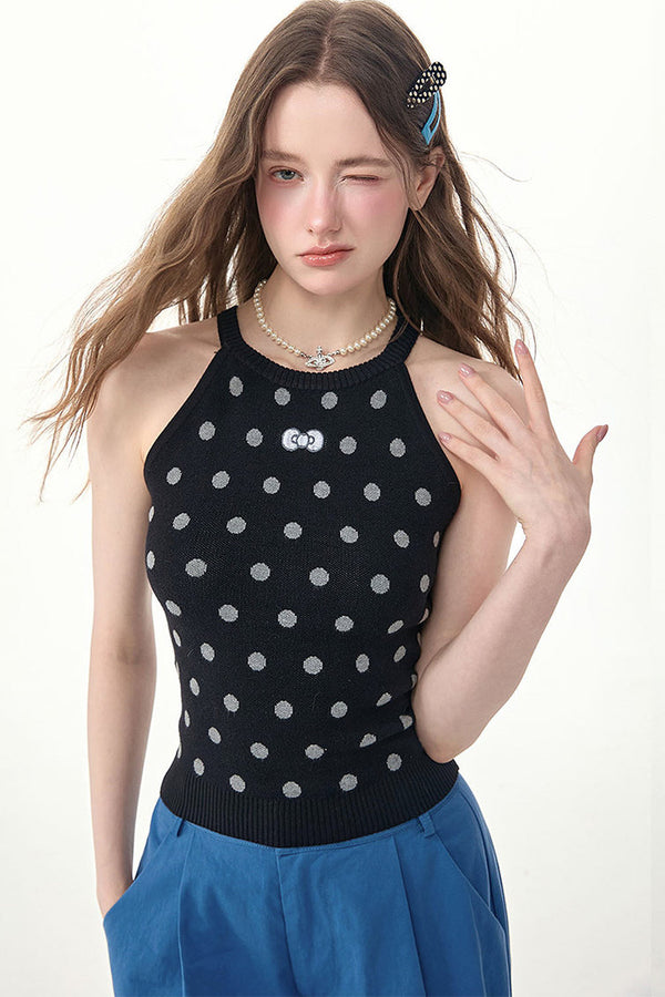 Black Polka Dot Knit Halter Top