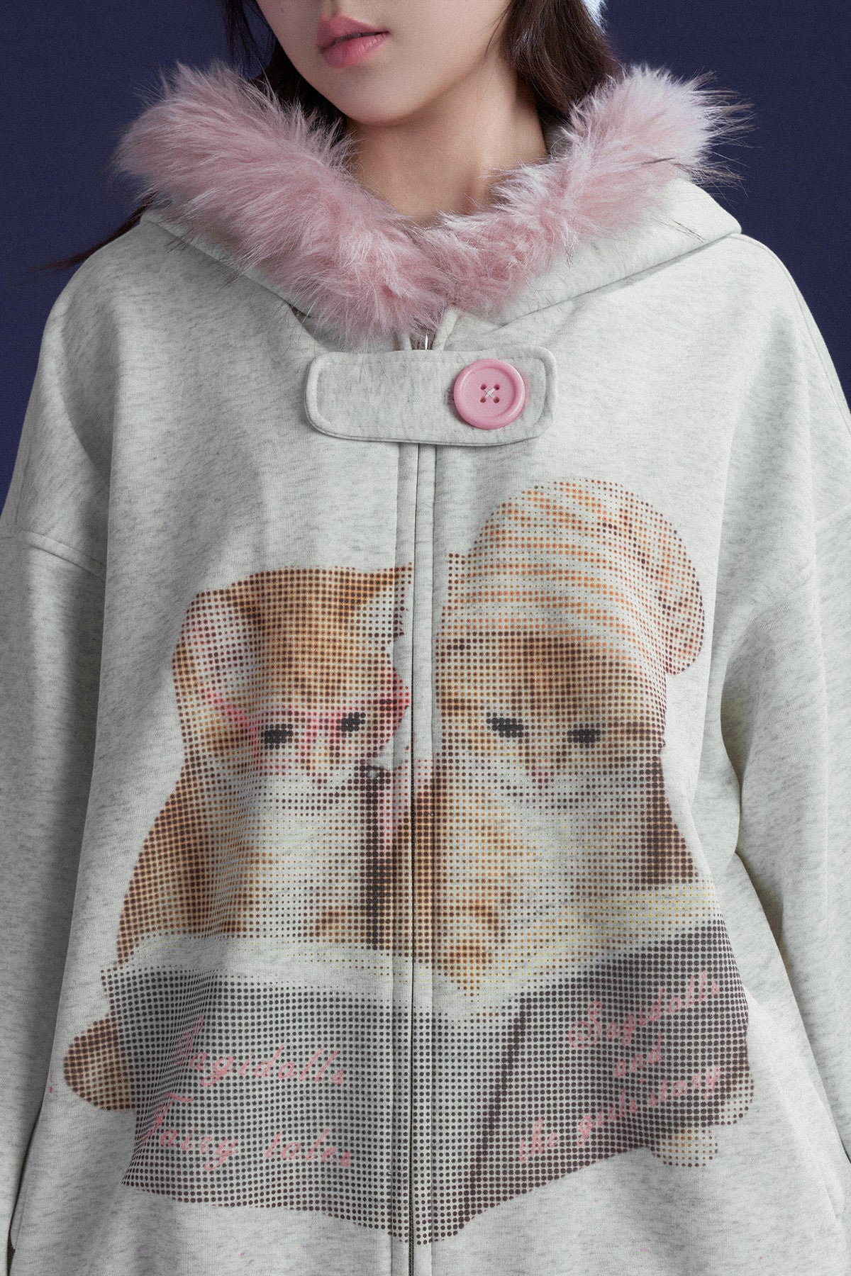 Giacca con cappuccio retrò grigia e rosa con stampa di gatti