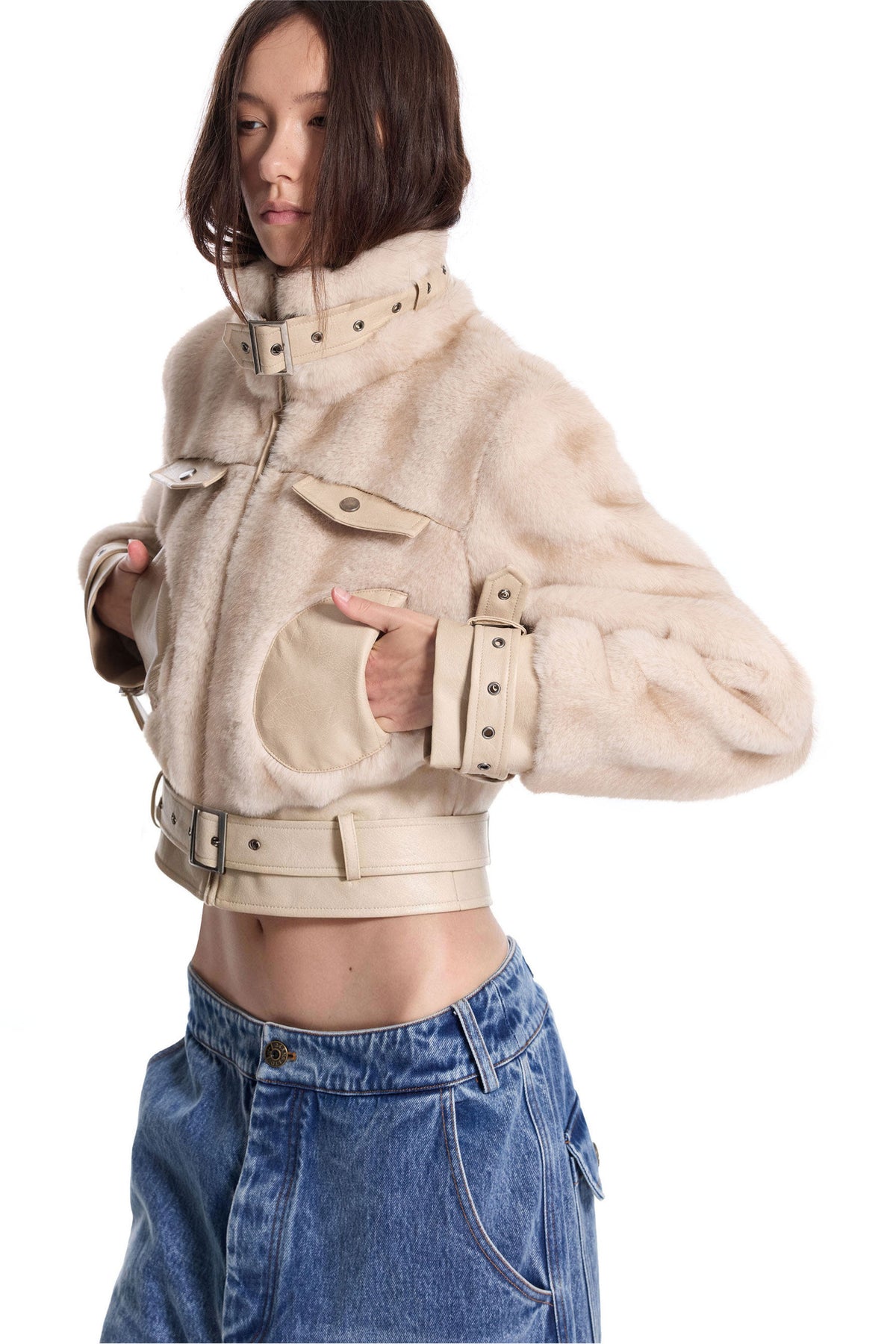 Imitation Mink Fur PU Leather Splicing Jacket