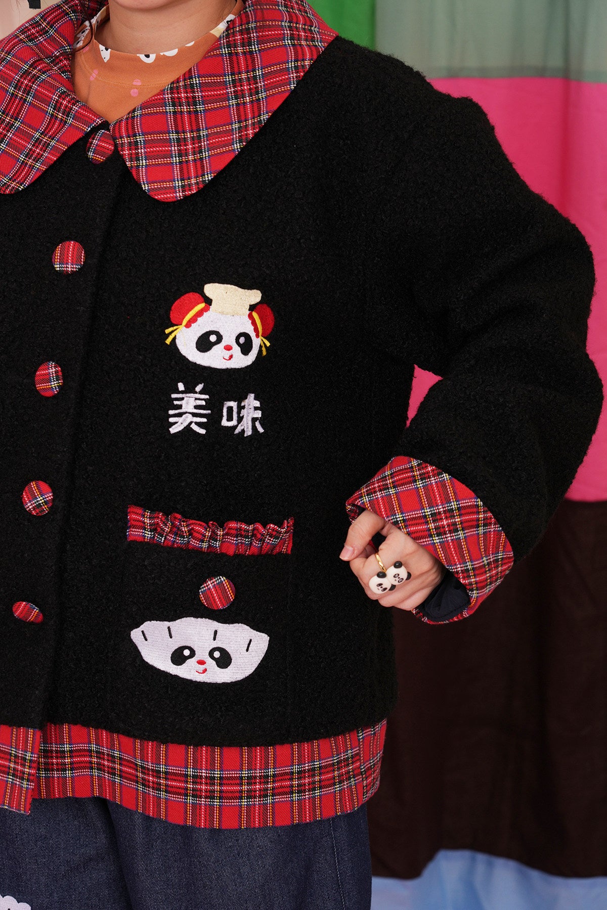 Two-Tone Panda Embroidered Wool Jacket