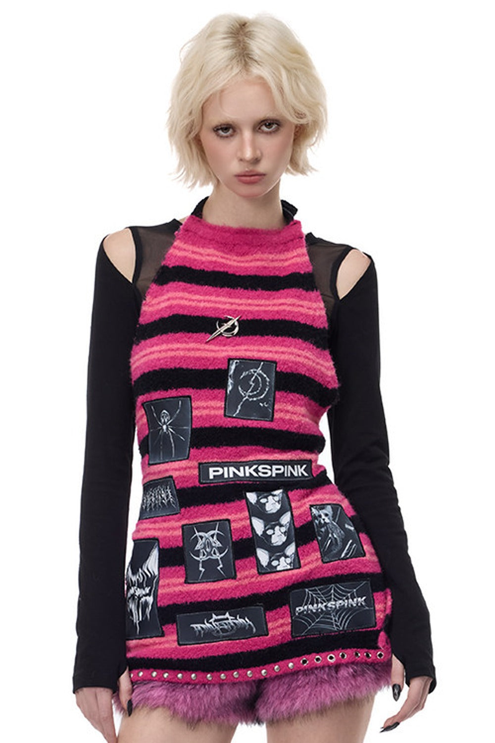 Punk Patchwork Knitted Hooded Sweater Dress