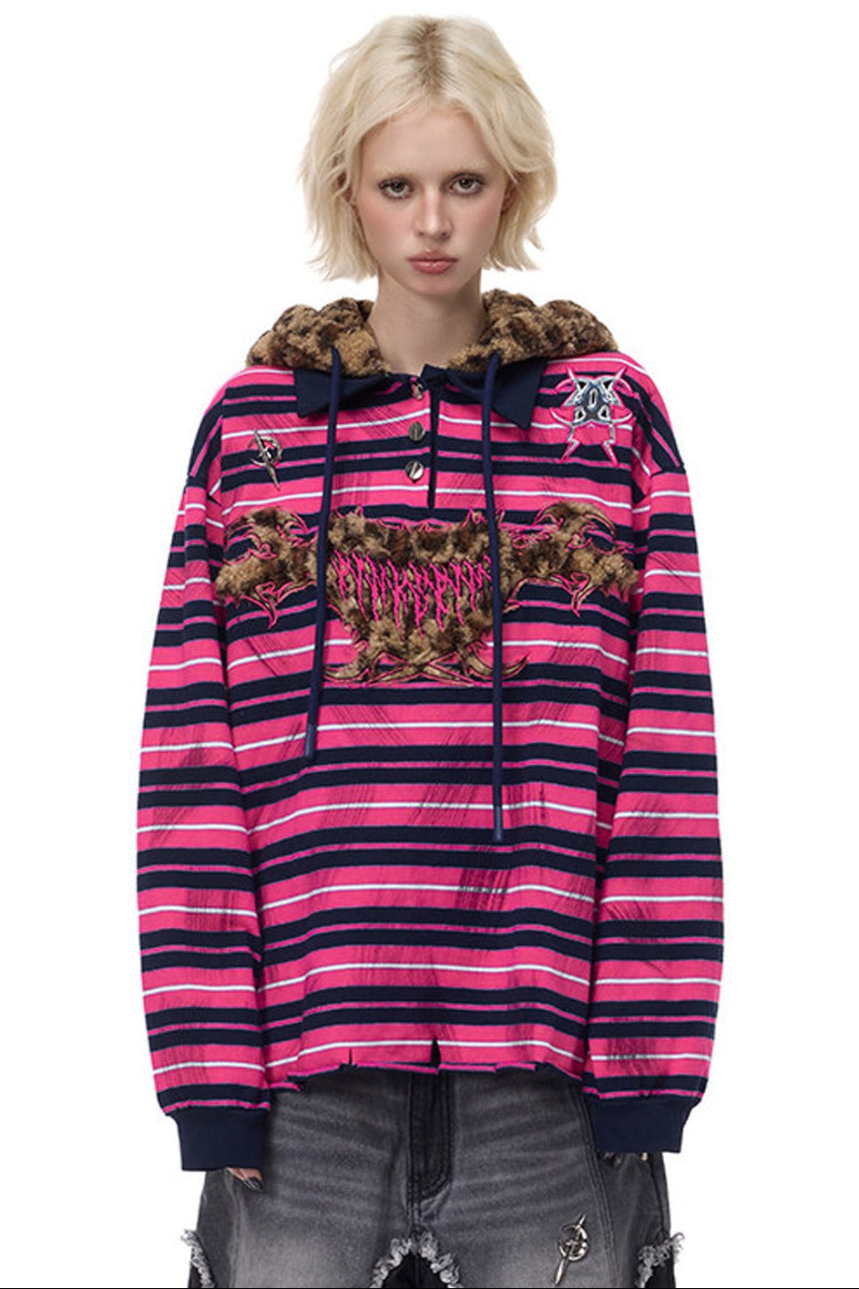 Blackmetal rosa gestreiftes Kapuzen-Sweatshirt