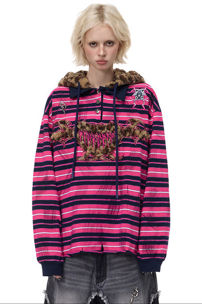 Blackmetal rosa gestreiftes Kapuzen-Sweatshirt