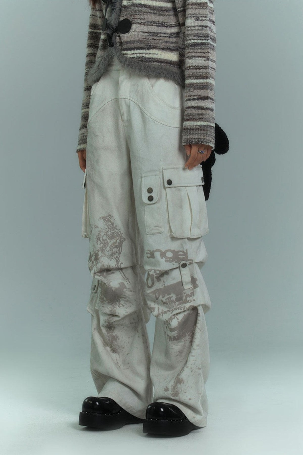 Dirty-Washed Multi-Pocket Wide-Leg Cargo Pants