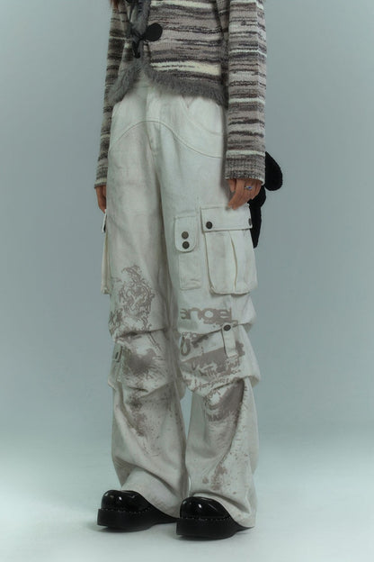 Dirty-Washed Multi-Pocket Wide-Leg Cargo Pants