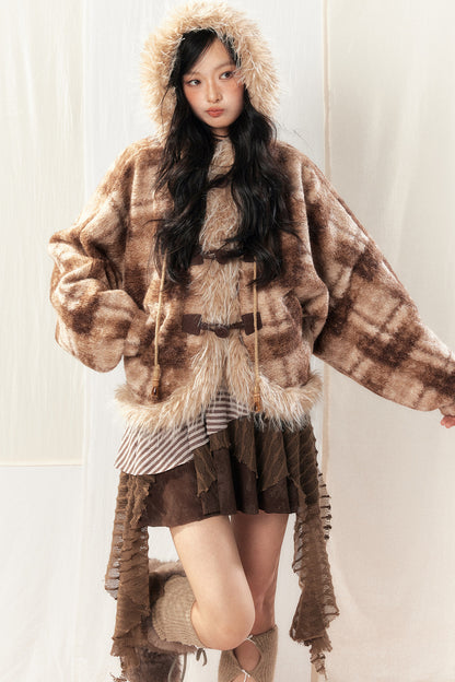 Hooded Plaid Fur Collar Jacket