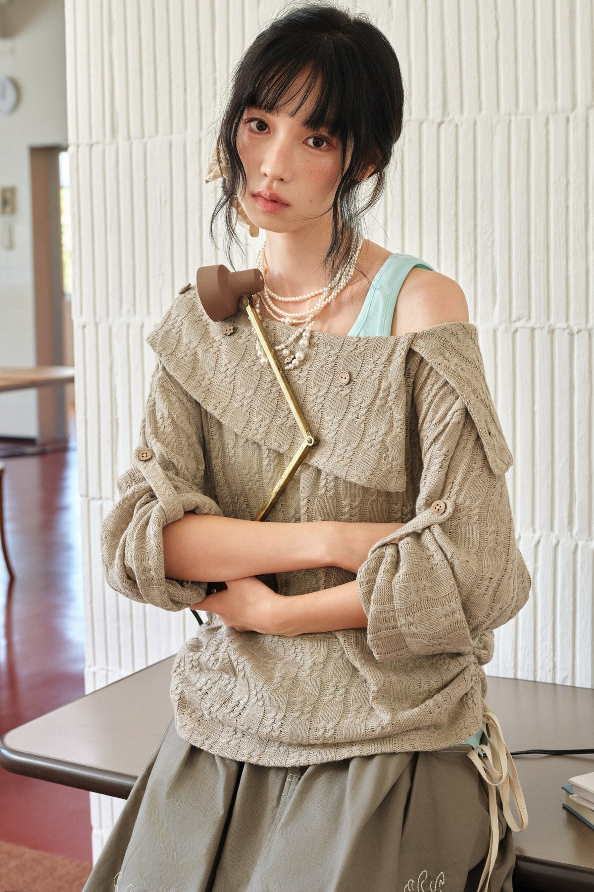 Brown Off-Shoulder Sweater and Mint Green Camisole Set