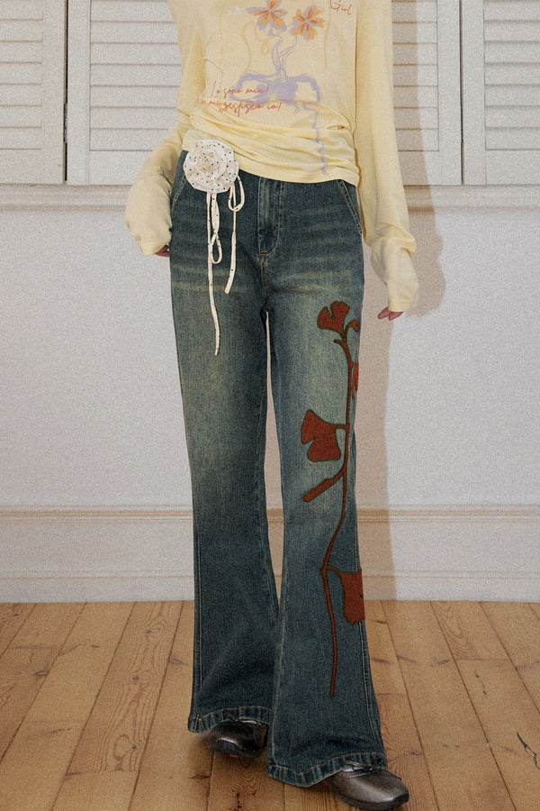 Ginkgo Leaf Embroidered Denim Pants