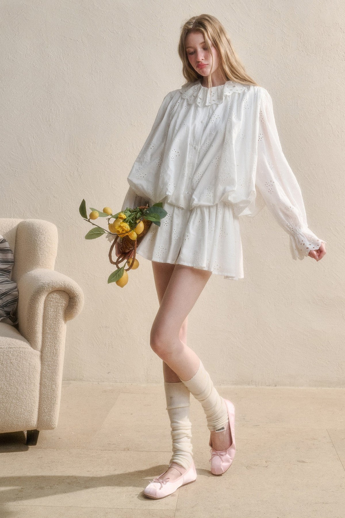 Long-Sleeved Cotton Embroidered Shirt Dress