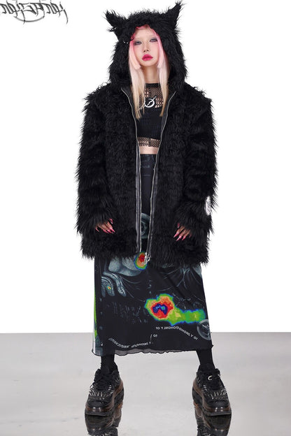 3D Cat Ears Hooded Faux Fur Jacket