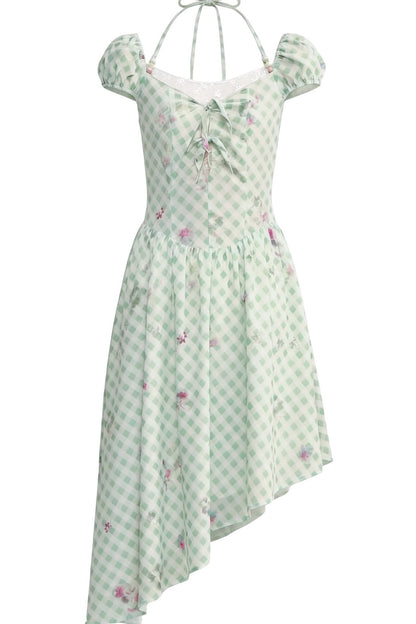 Mint Green Plaid Floral Lace Dress