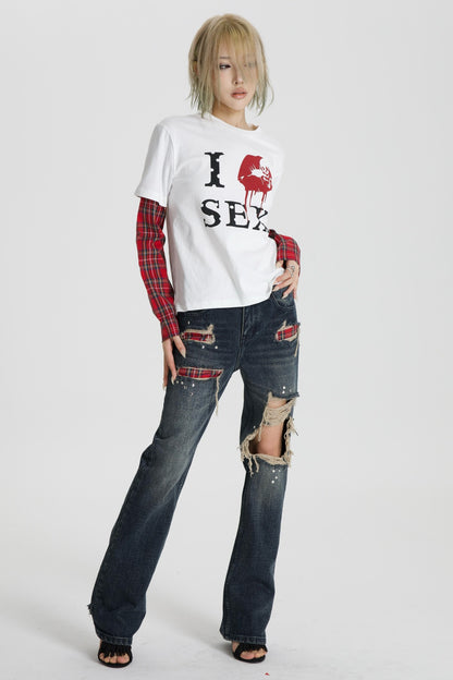 Distressed Plaid Patch Flared Jeans