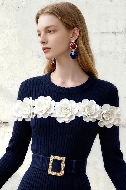 Navy Blue Floral Knit Dress