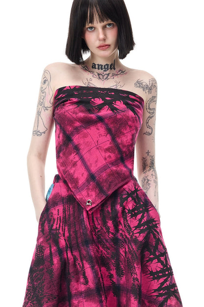 Top a fascia stile foulard quadrato con stampa di spine rosa