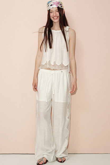 White Lace Trim Tank Top and Pants Set