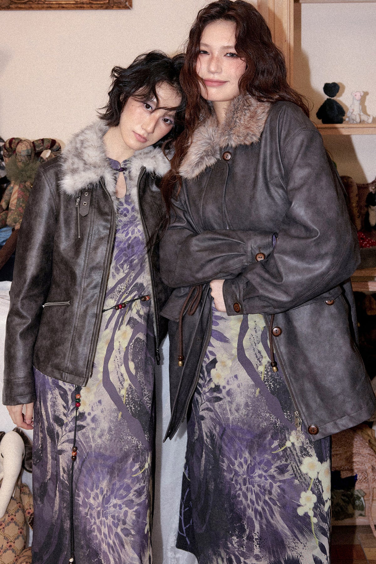 Fleece-Lined Detachable Fur Collar Leather Jacket