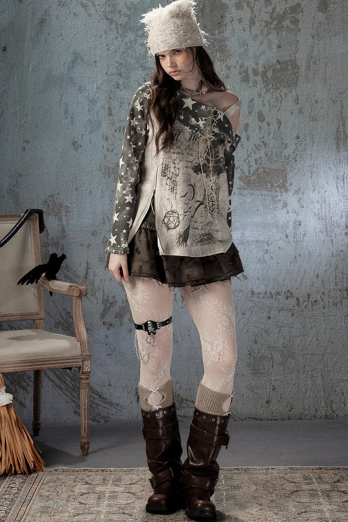 Plaid Wing Off-Shoulder Long-Sleeve T-Shirt