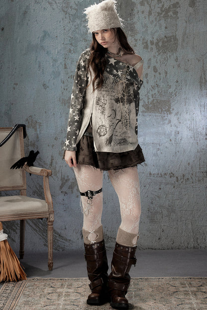 Plaid Wing Off-Shoulder Long-Sleeve T-Shirt