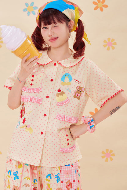 Animal Embroidery Lace Doll Collar Blouse
