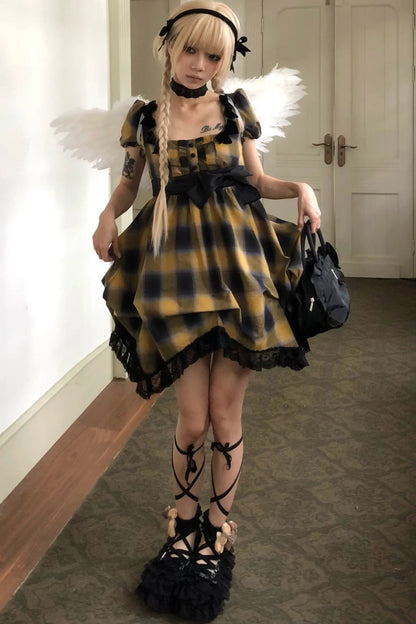Yellow Plaid Puff Sleeve Dress Set-Up