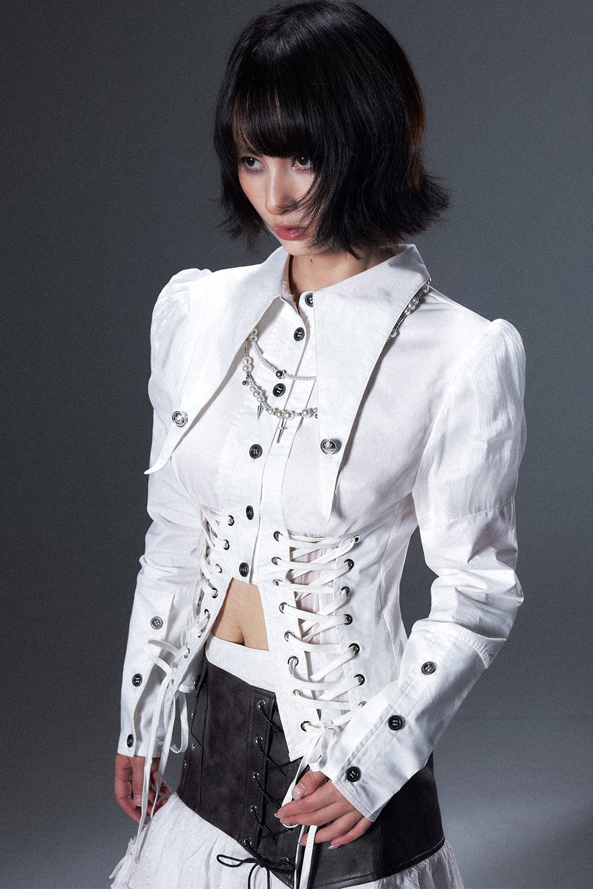 Lace-Up Waist Lapel Long-Sleeve Shirt