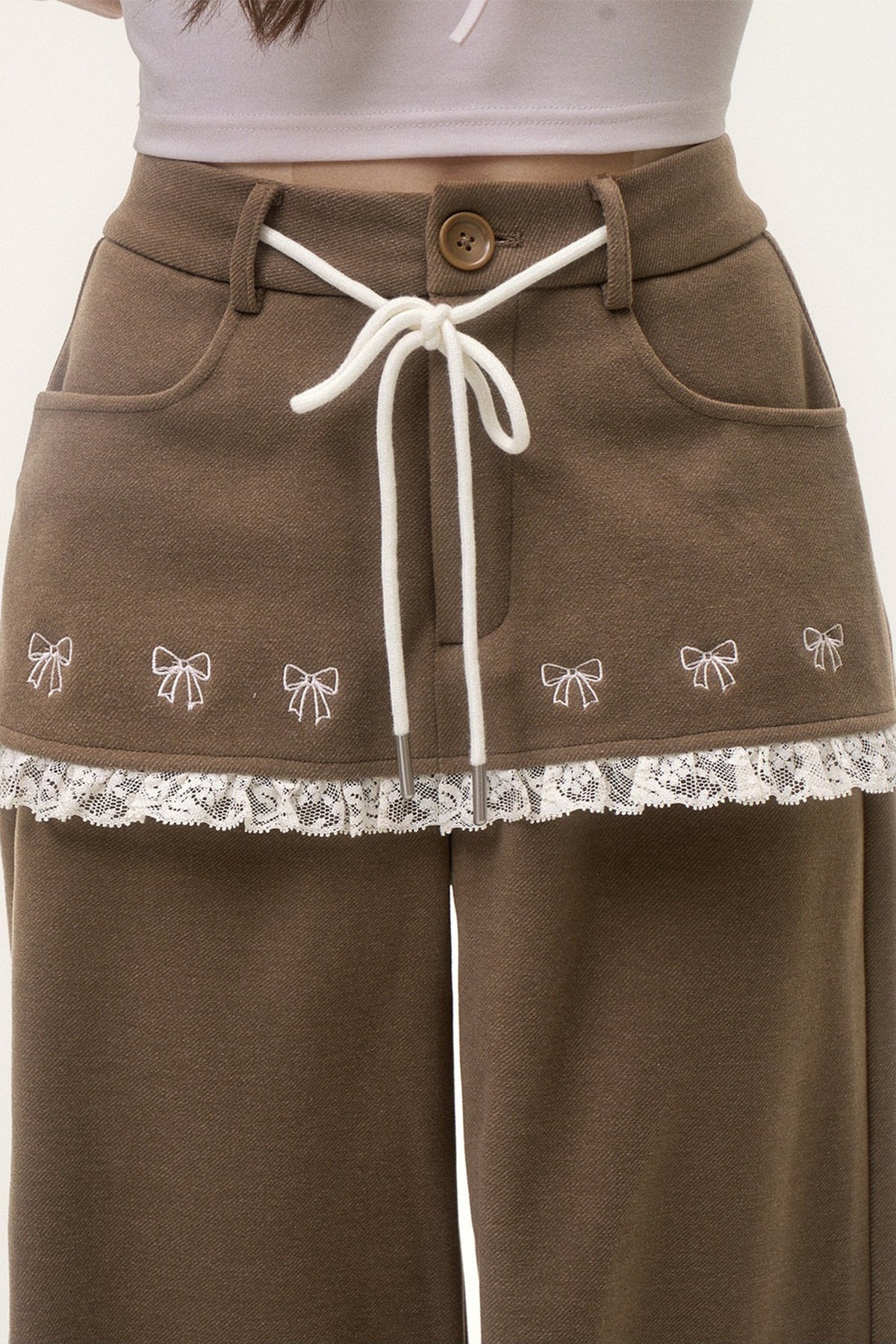 Bow Embroidered Layered-Look Pants